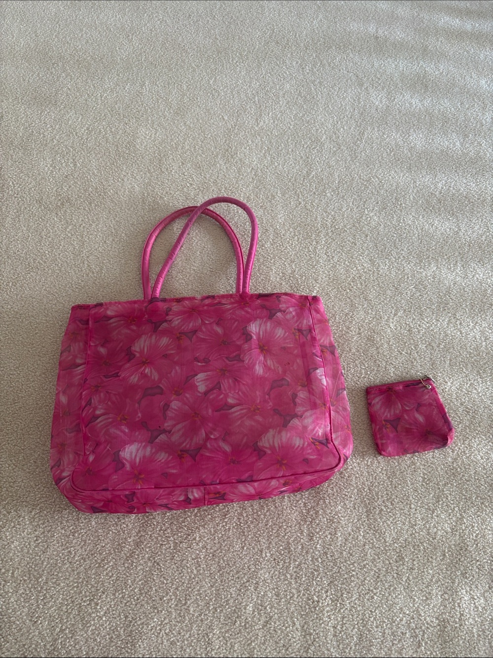 Pink Floral Tote Bag with Matching Pouch